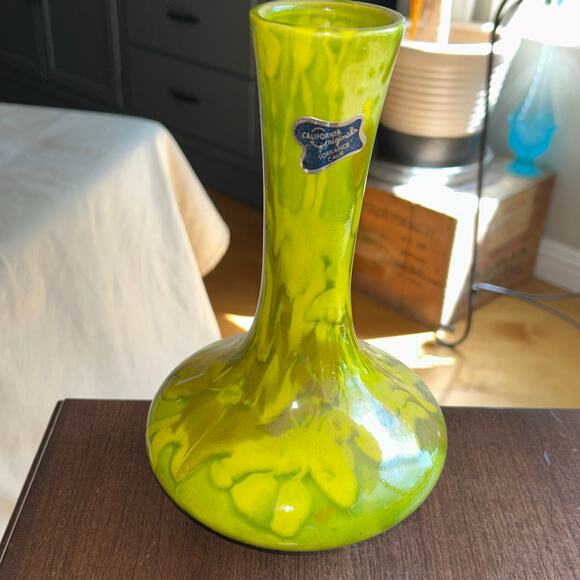 Vintage California originals Ceramic Art Pottery Green & Yellow Vase retro MCM - Picture 1 of 13